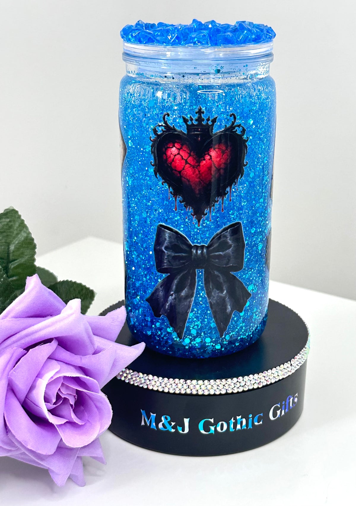 Dark Alice gothic snow globe tumbler with glitter, iced lid and straw