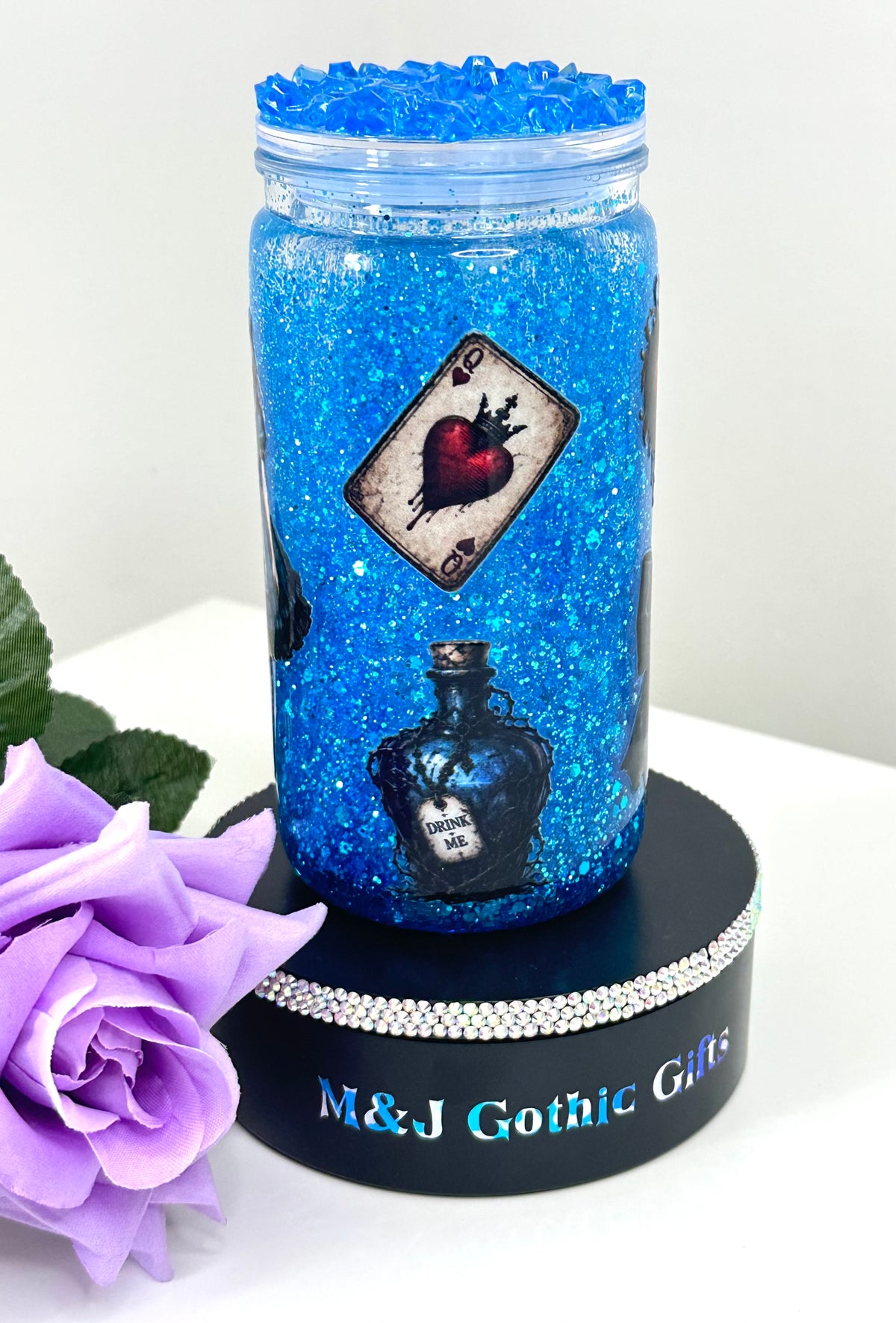 Dark Alice gothic snow globe tumbler with glitter, iced lid and straw