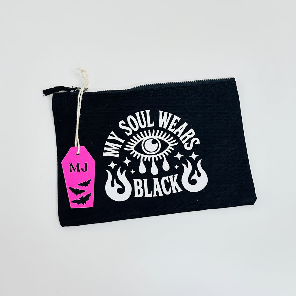 My Soul Wears Black gothic makeup bag with white glitter accents