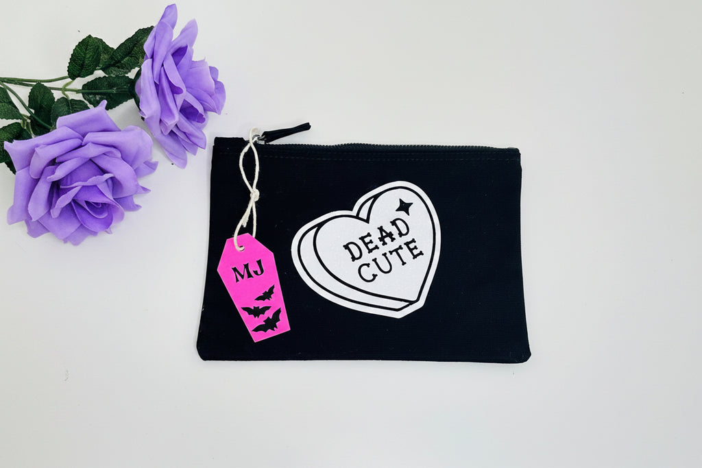 Dead Cute gothic makeup bag with white glitter print