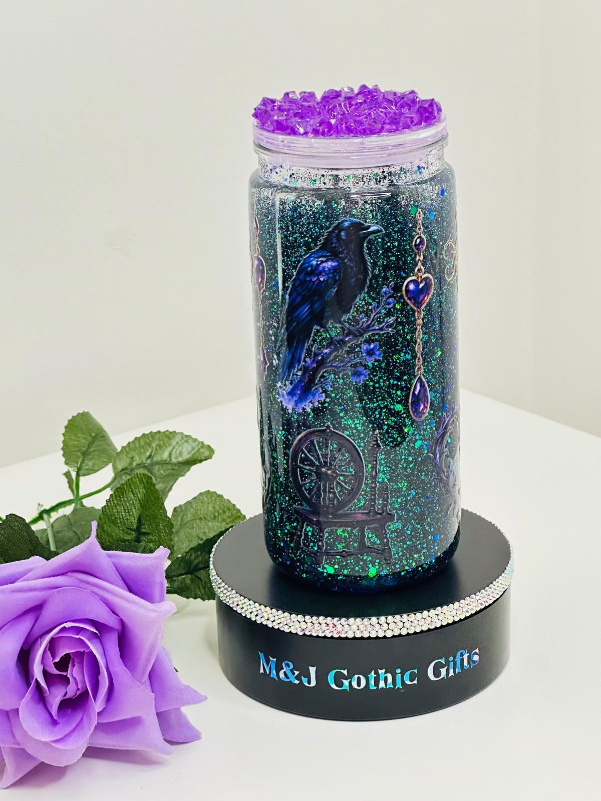 Dark fairy-tale enchanted carriage snow globe tumbler with purple glitter, iced lid and straw