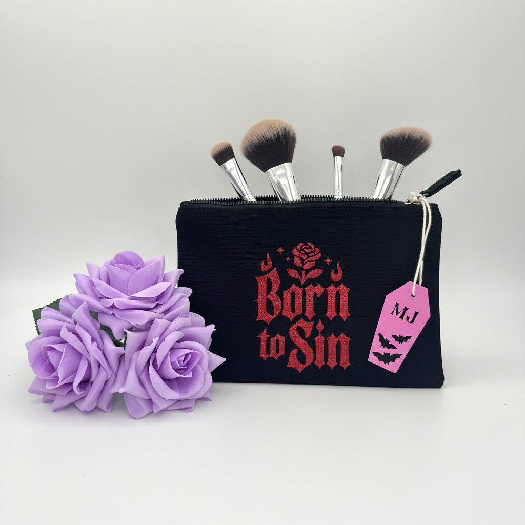 Born to Sin gothic makeup bag with red glitter accents