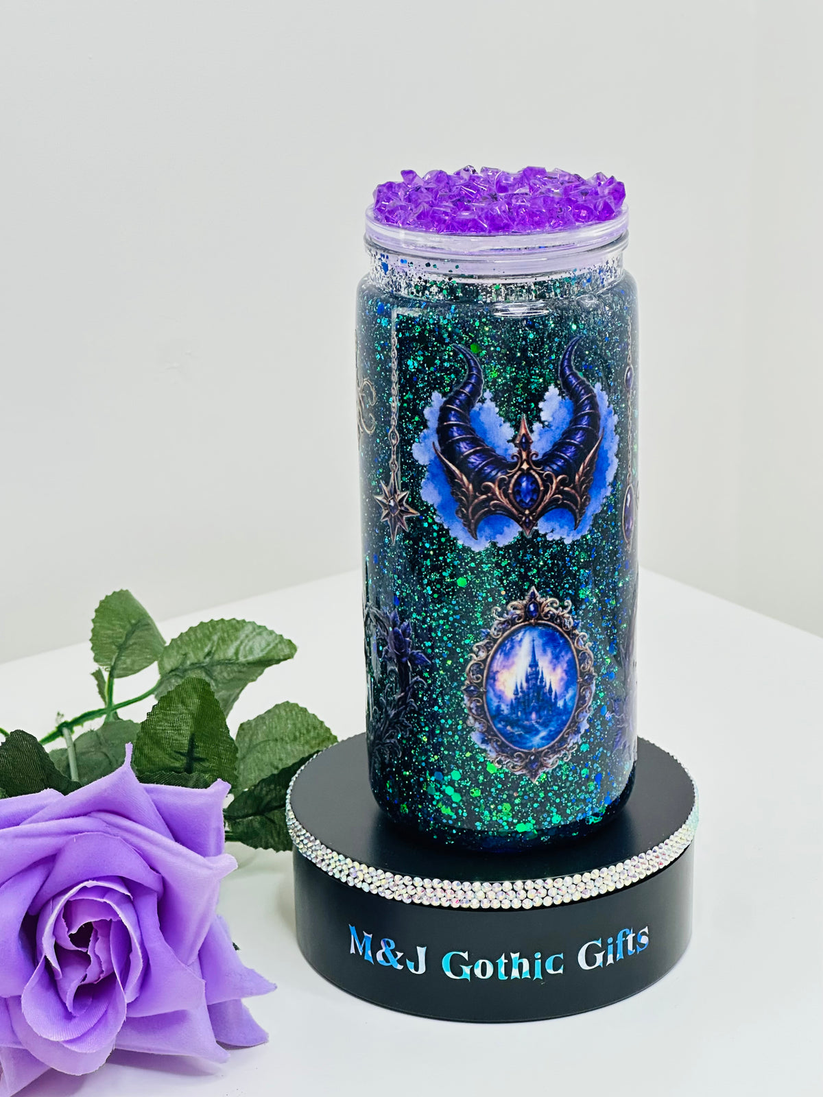 Dark fairy-tale enchanted carriage snow globe tumbler with purple glitter, iced lid and straw