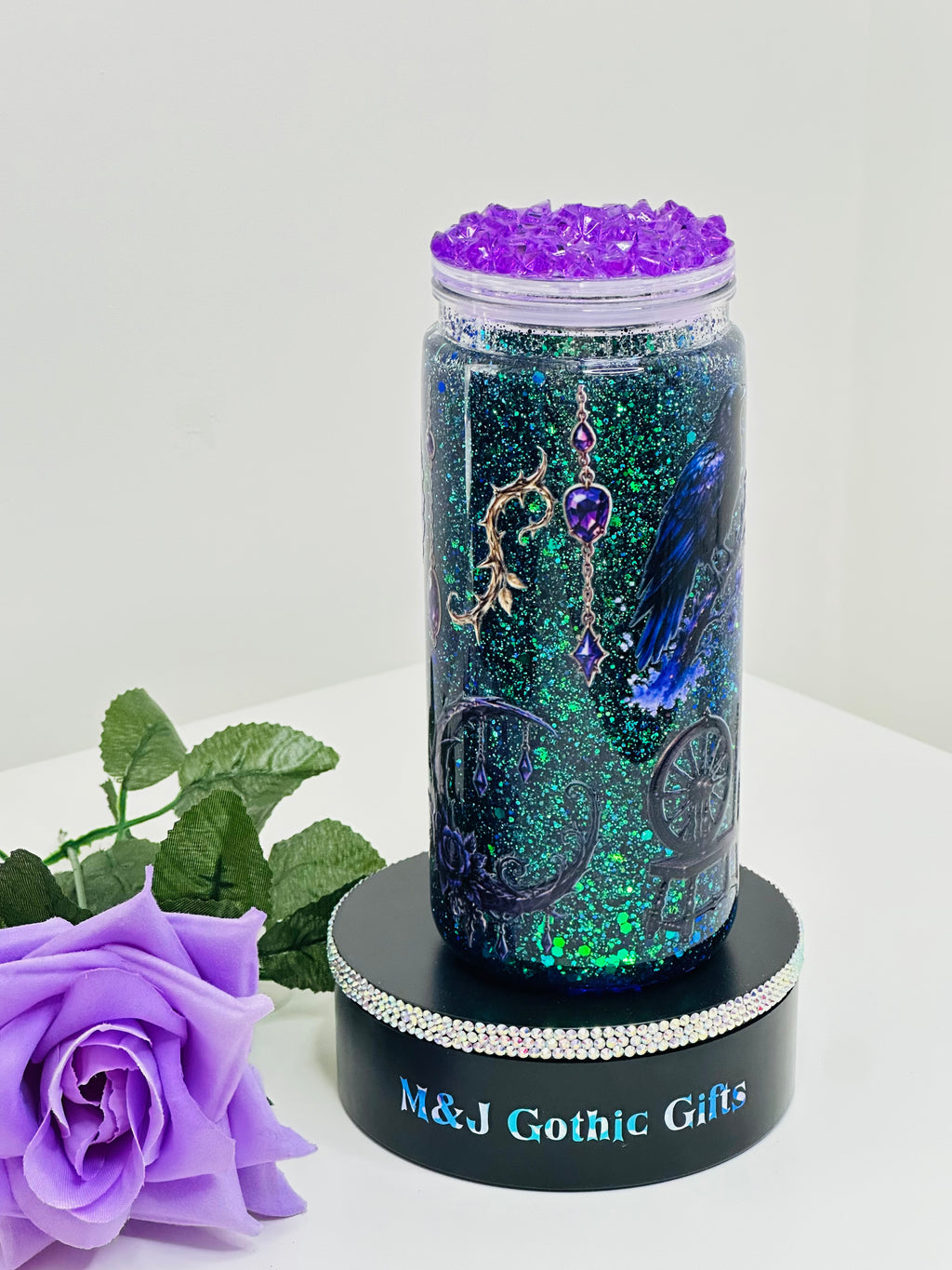 Dark fairy-tale enchanted carriage snow globe tumbler with purple glitter, iced lid and straw