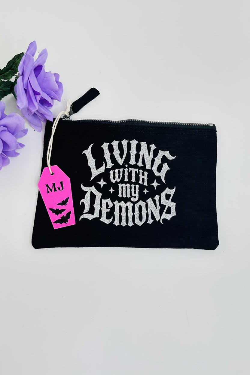 Living With My Demons gothic makeup bag with silver glitter accents