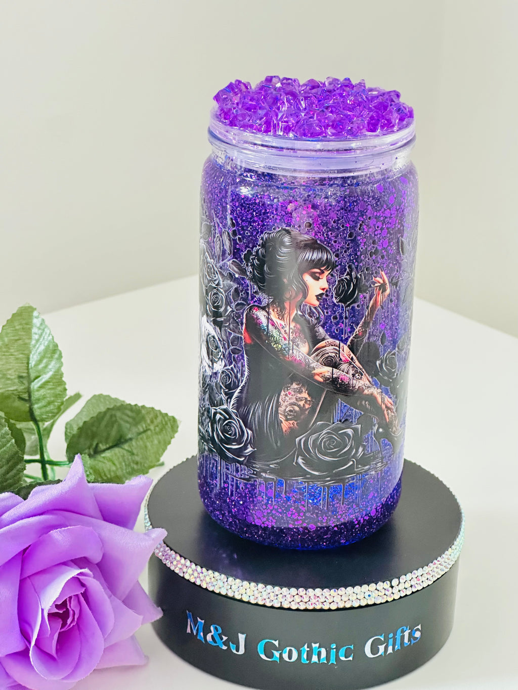 Gothic rose witch snow globe tumbler with purple glitter, iced lid and straw