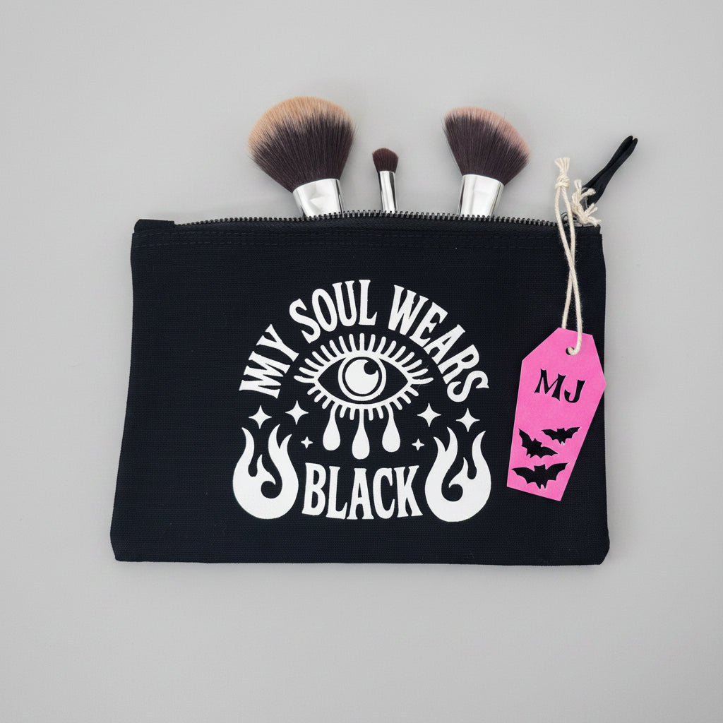 My Soul Wears Black gothic makeup bag with white glitter accents