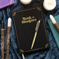 Black velvet Book of Shadows journal with gold lettering and black obsidian crystal wand pen, by MJ Gothic Gifts
