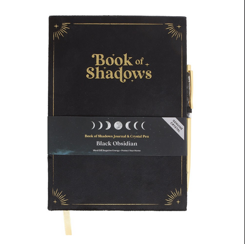 Black velvet Book of Shadows journal with gold lettering and black obsidian crystal wand pen, by MJ Gothic Gifts