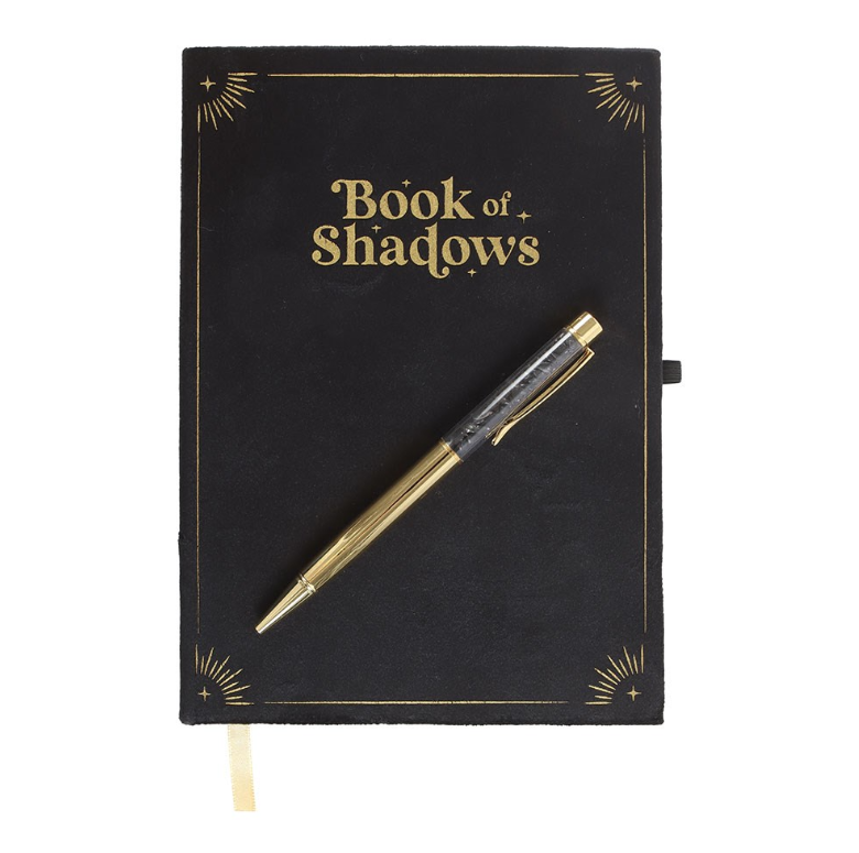 Black velvet Book of Shadows journal with gold lettering and black obsidian crystal wand pen, by MJ Gothic Gifts