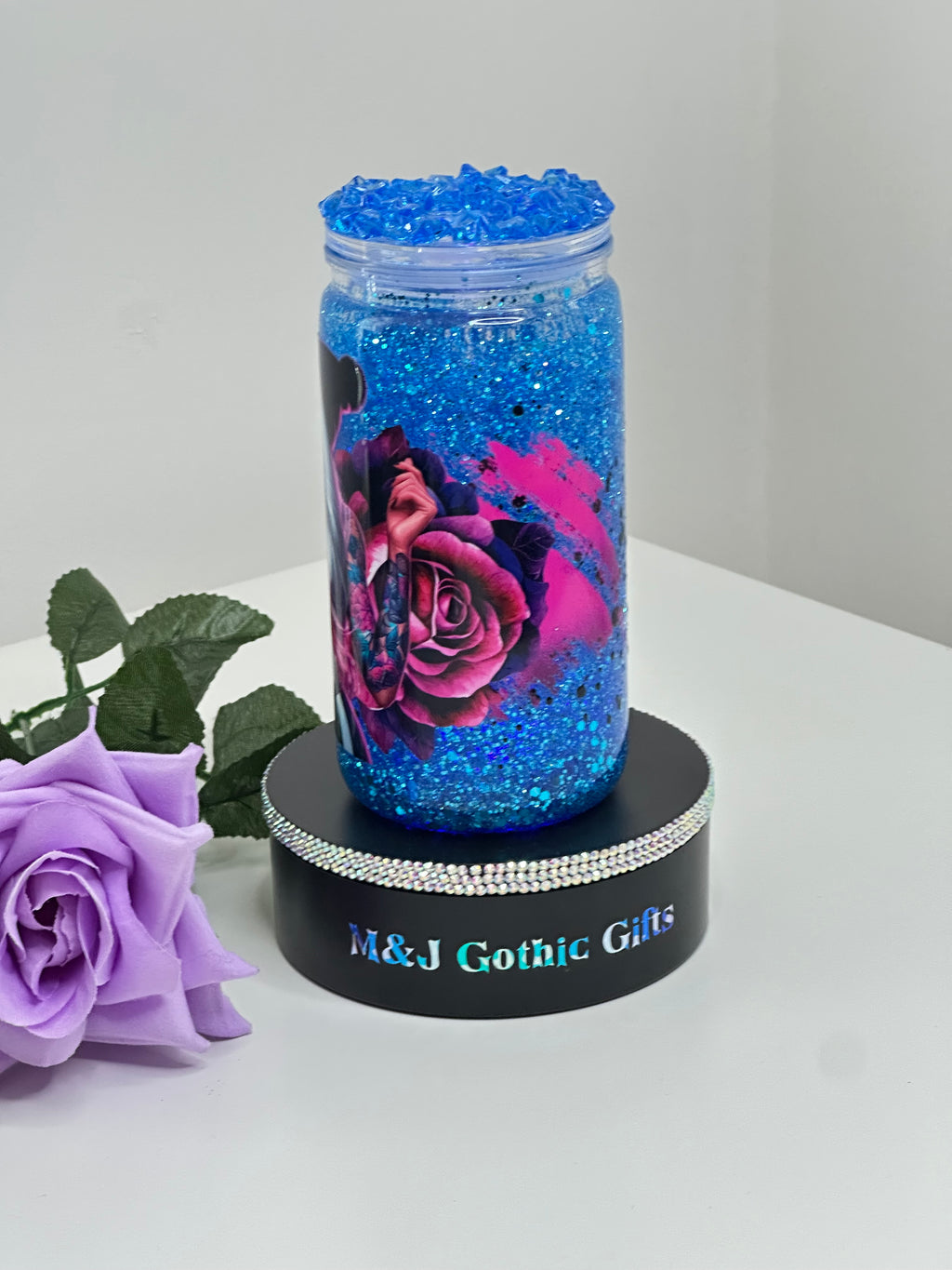 Dark rose gothic snow globe tumbler with blue glitter, iced lid and straw