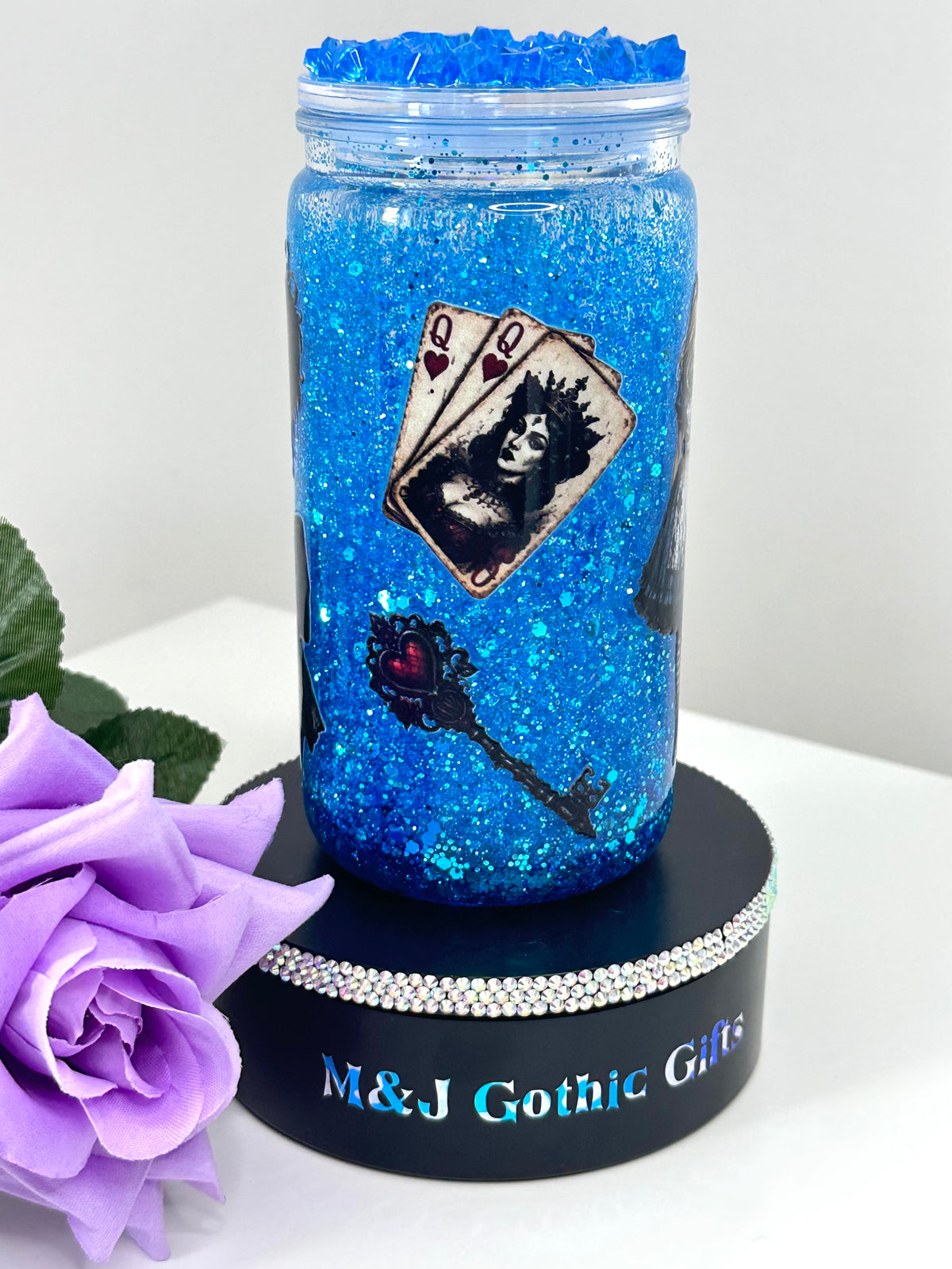 Dark Alice gothic snow globe tumbler with glitter, iced lid and straw