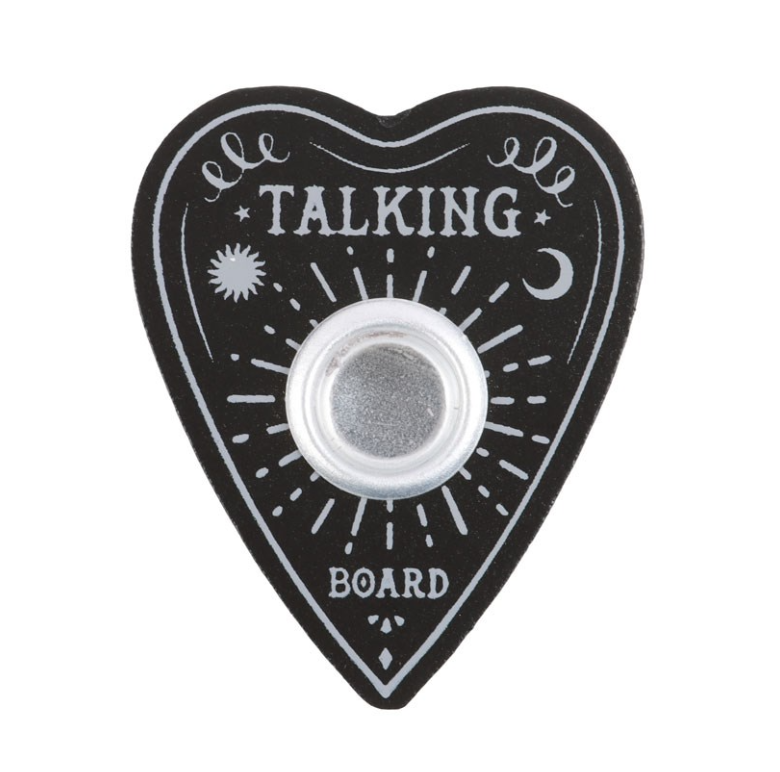 Top view of black talking board spell candle holder showing the candle ring and celestial sun, moon and star engravings