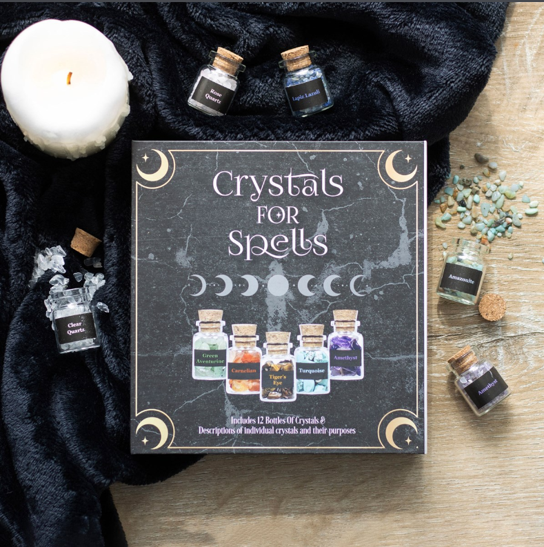 Crystals for Spells crystal chip bottle gift set with 12 mini cork bottles including amethyst, rose quartz and turquoise, by MJ Gothic Gifts