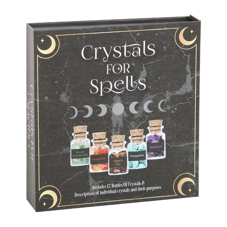 Crystals for Spells crystal chip bottle gift set with 12 mini cork bottles including amethyst, rose quartz and turquoise, by MJ Gothic Gifts"
