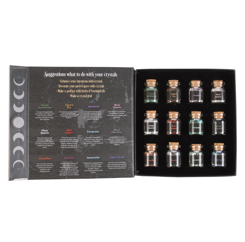 Crystals for Spells crystal chip bottle gift set with 12 mini cork bottles including amethyst, rose quartz and turquoise, by MJ Gothic Gifts"