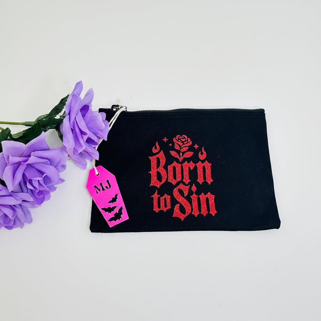 Born to Sin gothic makeup bag with red glitter accents