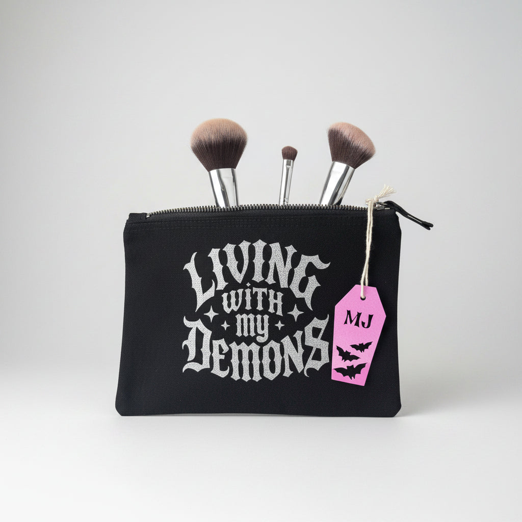 Living With My Demons gothic makeup bag with silver glitter accents