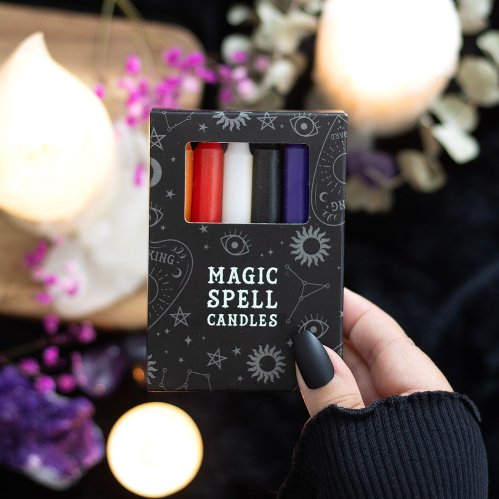 Pack of 12 mixed colour magic spell candles in gothic black box by MJ Gothic Gifts
