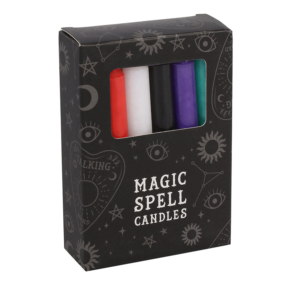 Pack of 12 mixed colour magic spell candles in gothic black box by MJ Gothic Gifts