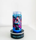 Dark rose gothic snow globe tumbler with blue glitter, iced lid and straw