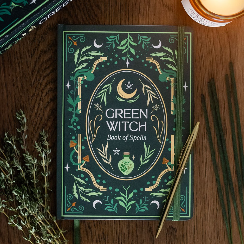 Green Witch Book of Spells A5 notebook with dark green botanical and celestial cover design, by MJ Gothic Gifts