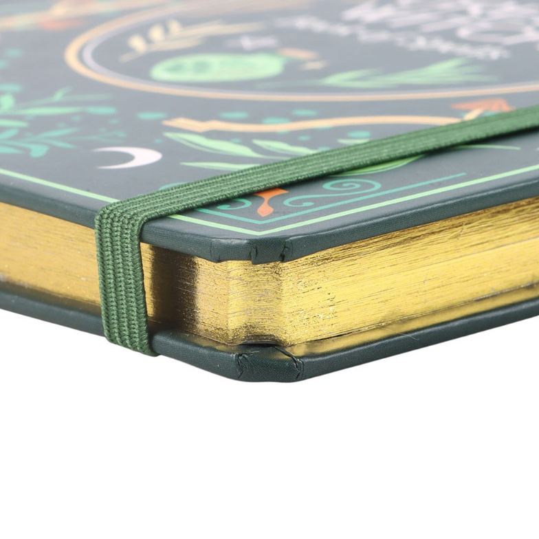 Green Witch Book of Spells A5 notebook with dark green botanical and celestial cover design, by MJ Gothic Gifts