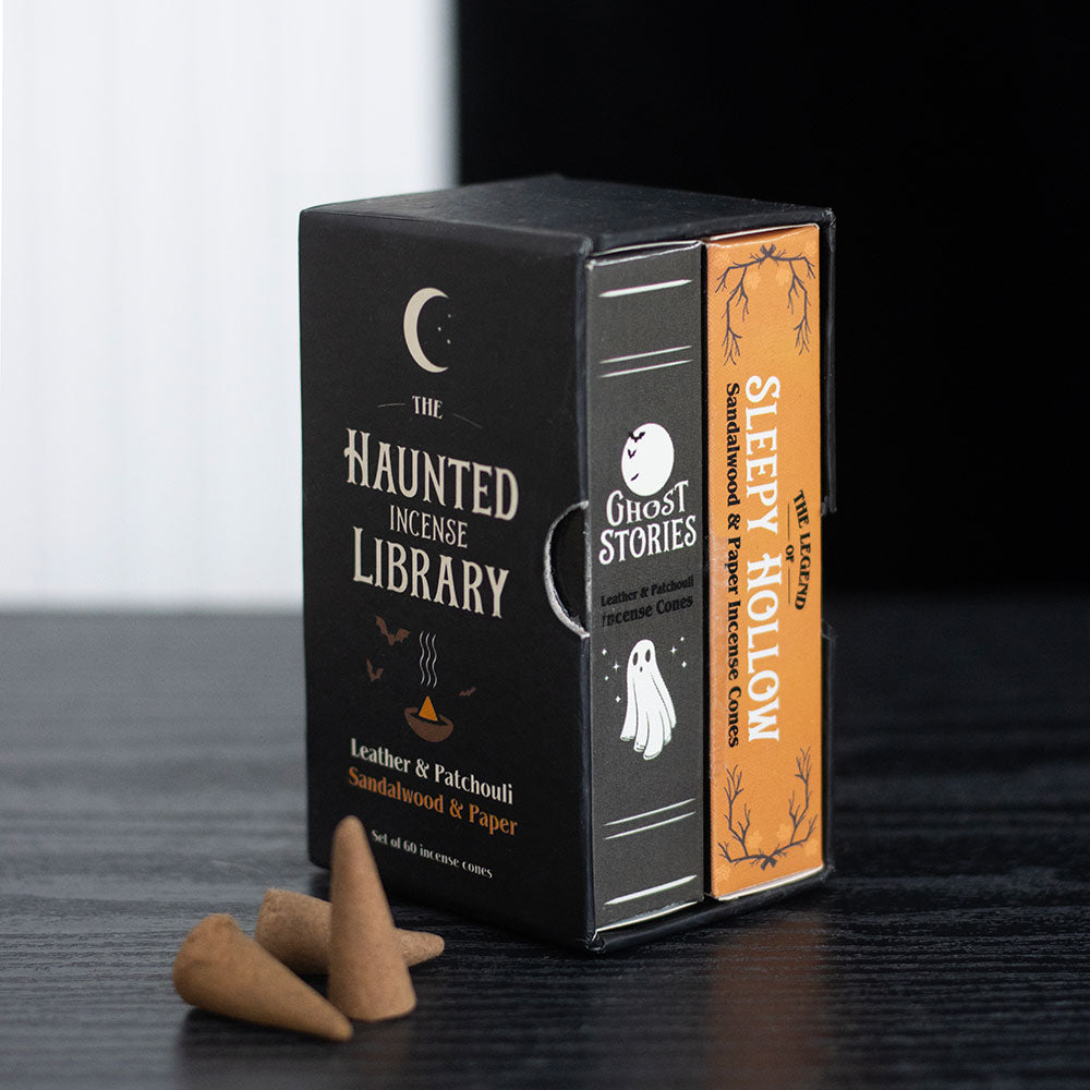 Set of 2 Haunted Library incense cone packs in book-inspired packaging - gothic gift