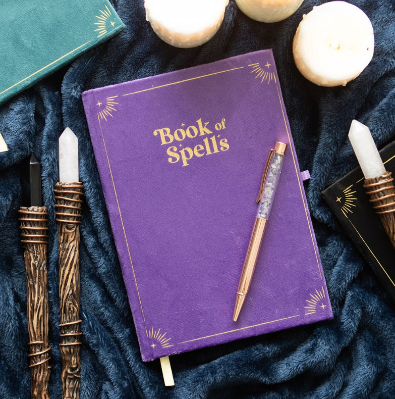 Purple velvet Book of Spells journal with gold lettering and amethyst crystal wand pen, by MJ Gothic Gifts