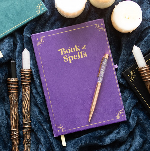 Purple velvet Book of Spells journal with gold lettering and amethyst crystal wand pen, by MJ Gothic Gifts