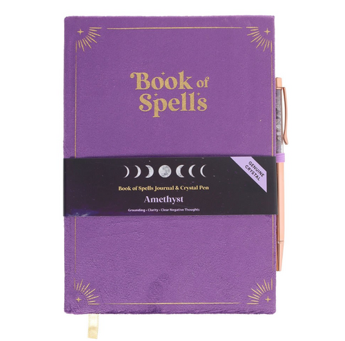 Purple velvet Book of Spells journal with gold lettering and amethyst crystal wand pen, by MJ Gothic Gifts
