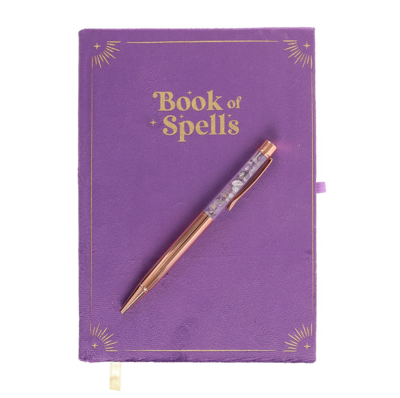 Purple velvet Book of Spells journal with gold lettering and amethyst crystal wand pen, by MJ Gothic Gifts