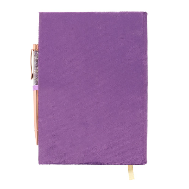 Purple velvet Book of Spells journal with gold lettering and amethyst crystal wand pen, by MJ Gothic Gifts