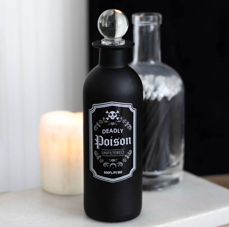 Frosted glass Deadly Poison potion bottle with clear glass stopper
