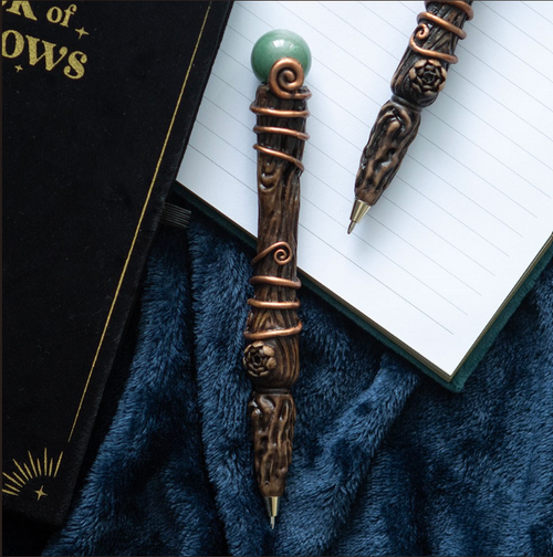 Abundance green aventurine crystal wand pen with copper wire and wood bark design, by MJ Gothic Gifts