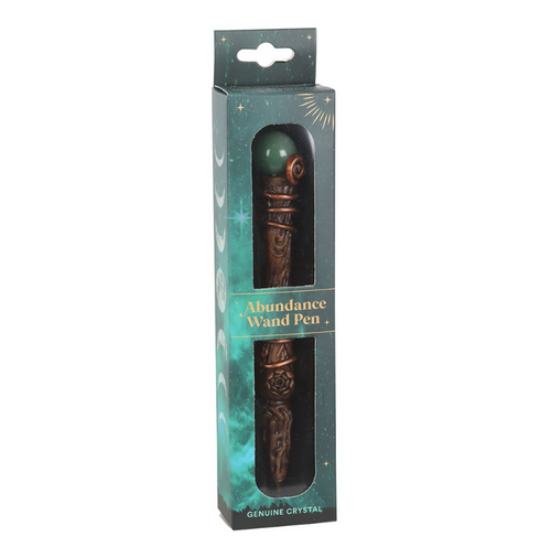 Abundance green aventurine crystal wand pen with copper wire and wood bark design, by MJ Gothic Gifts
