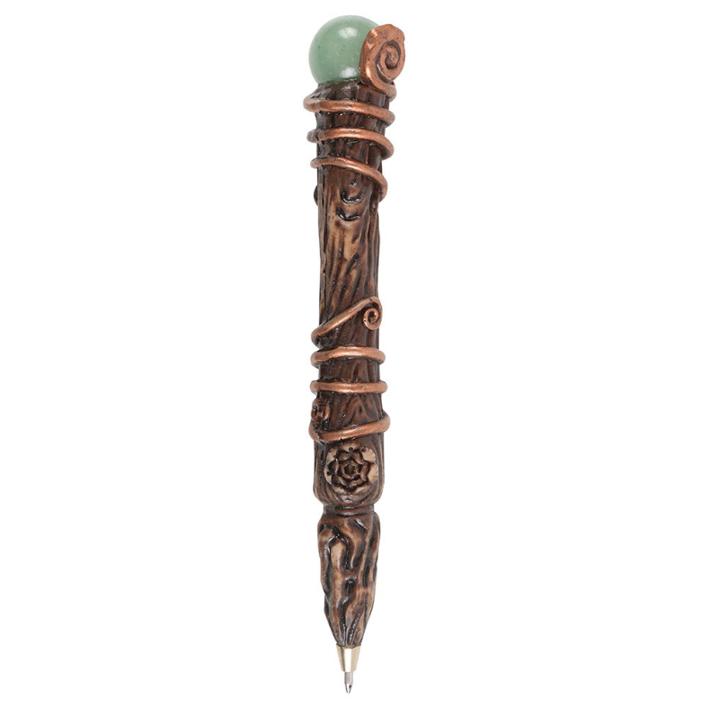 Abundance green aventurine crystal wand pen with copper wire and wood bark design, by MJ Gothic Gifts