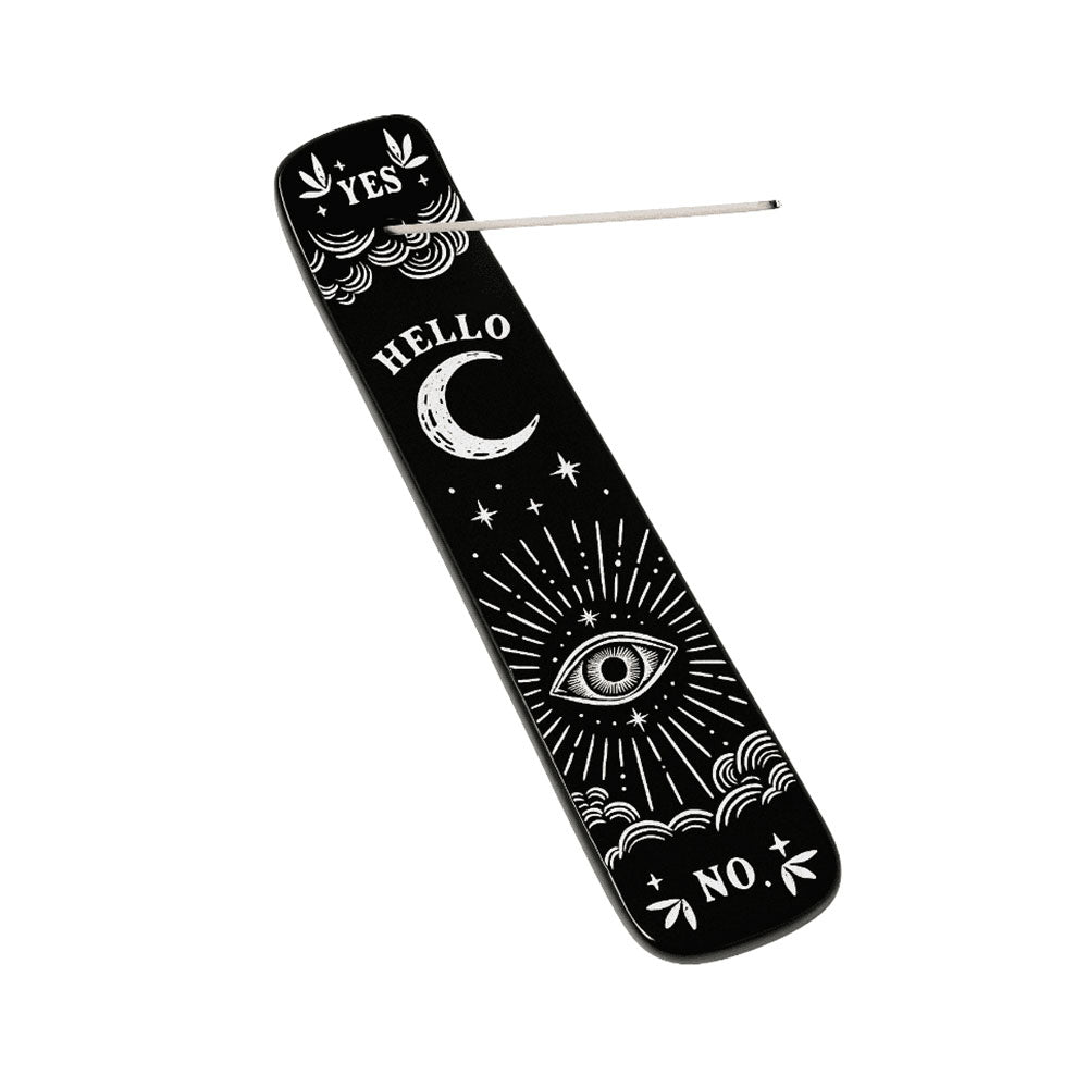 Spellbound Secrets black ceramic incense ash catcher showing two narrow parallel channels for ash collection and single incense stick hole at top