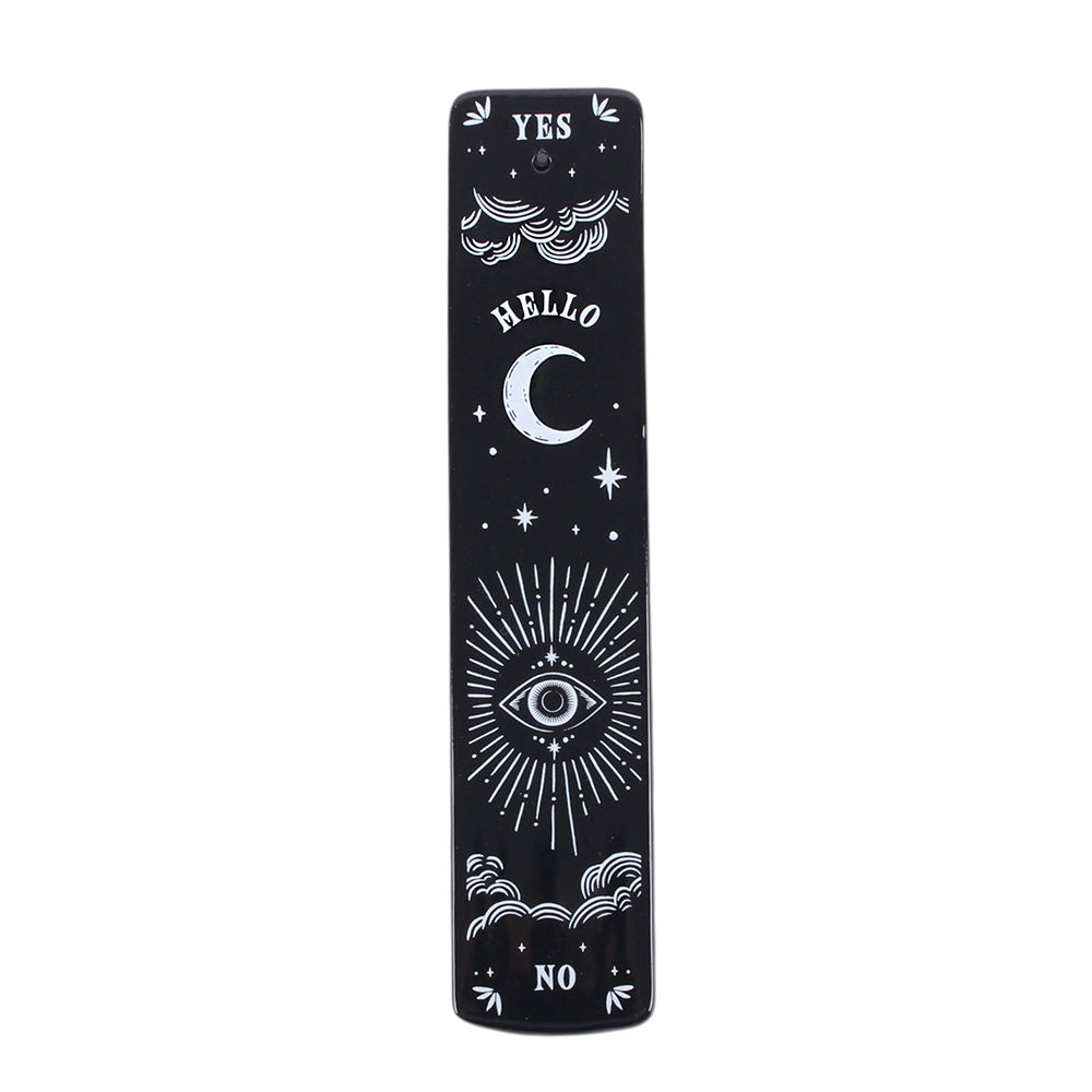 Spellbound Secrets black ceramic incense ash catcher showing two narrow parallel channels for ash collection and single incense stick hole at top