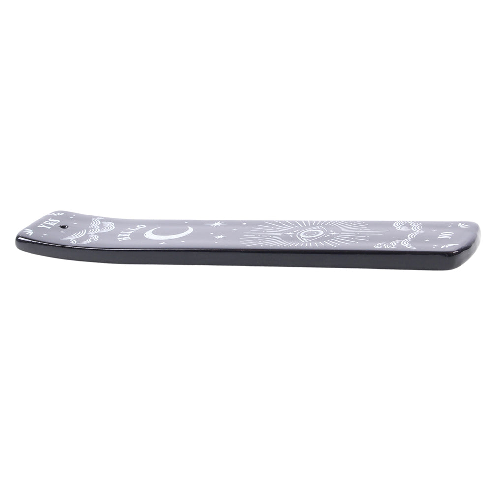 Spellbound Secrets black ceramic incense ash catcher showing two narrow parallel channels for ash collection and single incense stick hole at top