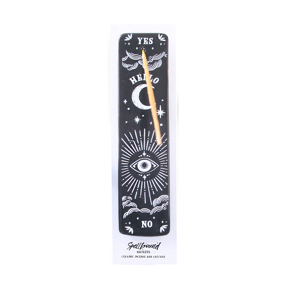 Spellbound Secrets black ceramic incense ash catcher showing two narrow parallel channels for ash collection and single incense stick hole at top