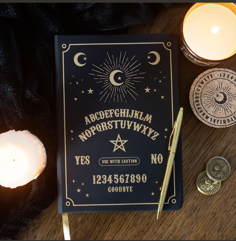 Black talking board A5 notebook with gold celestial and alphabet design, by MJ Gothic Gifts