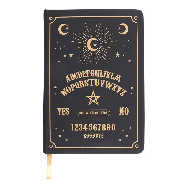 Black talking board A5 notebook with gold celestial and alphabet design, by MJ Gothic Gifts