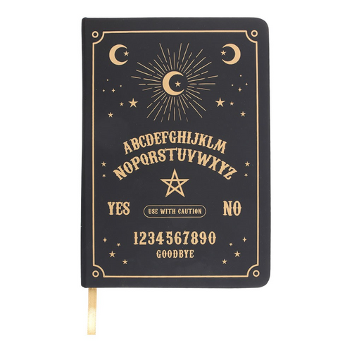 Black talking board A5 notebook with gold celestial and alphabet design, by MJ Gothic Gifts