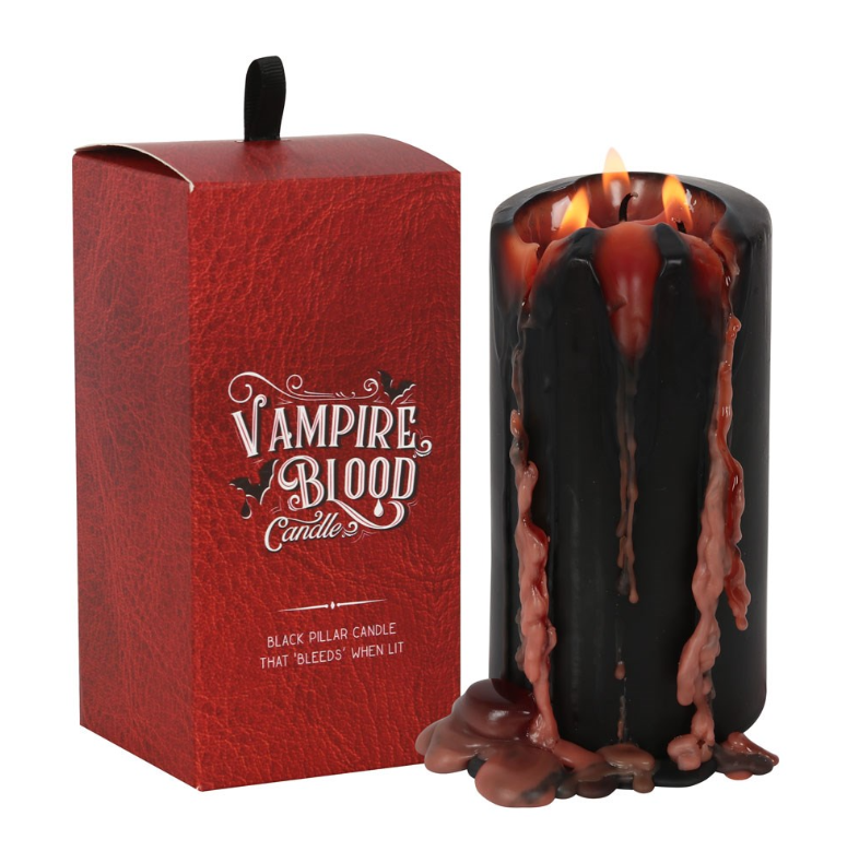 Large black vampire blood pillar candle with red dripping wax effect, by MJ Gothic Gifts