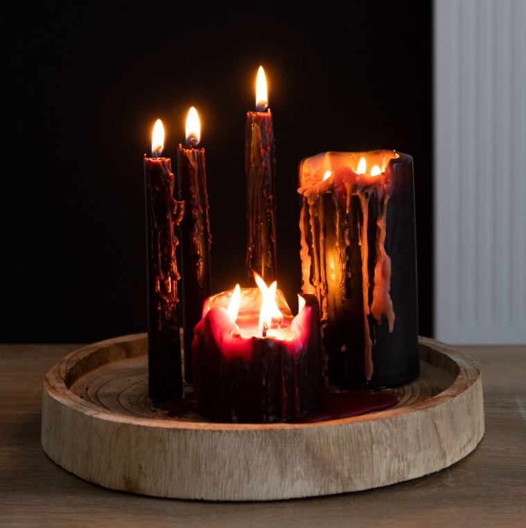 Pack of 4 gothic black vampire tears candles with red dripping wax effect, by MJ Gothic Gifts