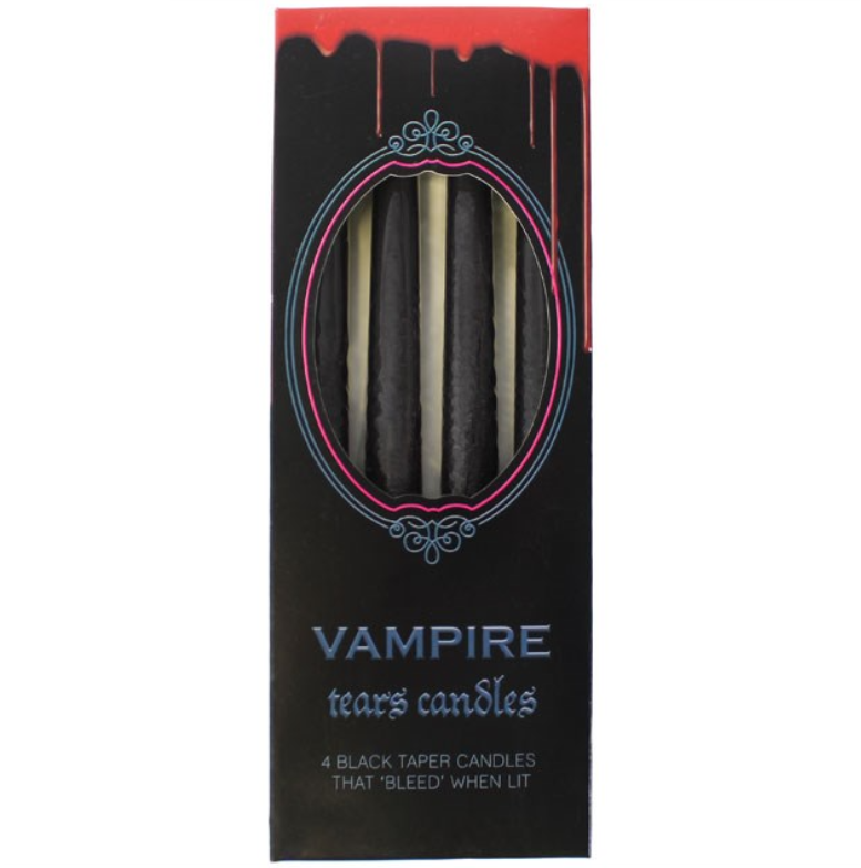 Pack of 4 gothic black vampire tears candles with red dripping wax effect, by MJ Gothic Gifts