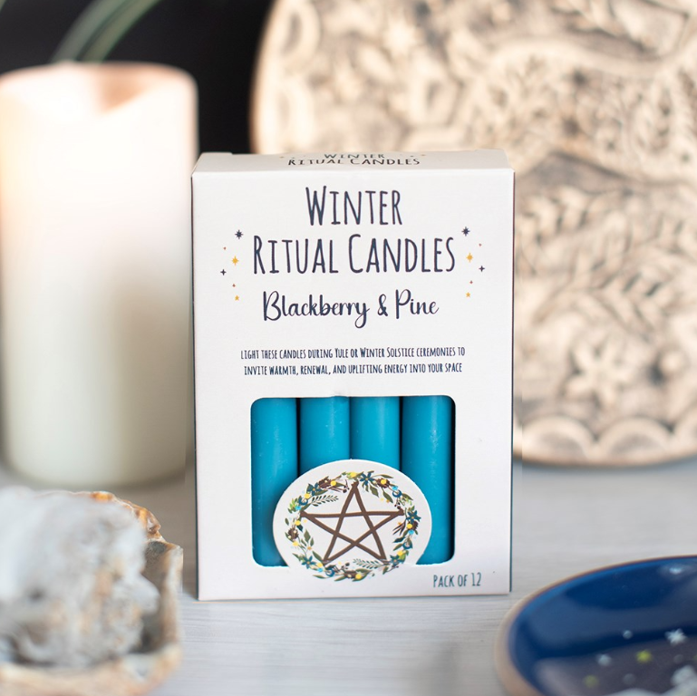 Blackberry and Pine Winter Ritual Spell Candles pack of 12 blue spell candles by MJ Gothic Gifts