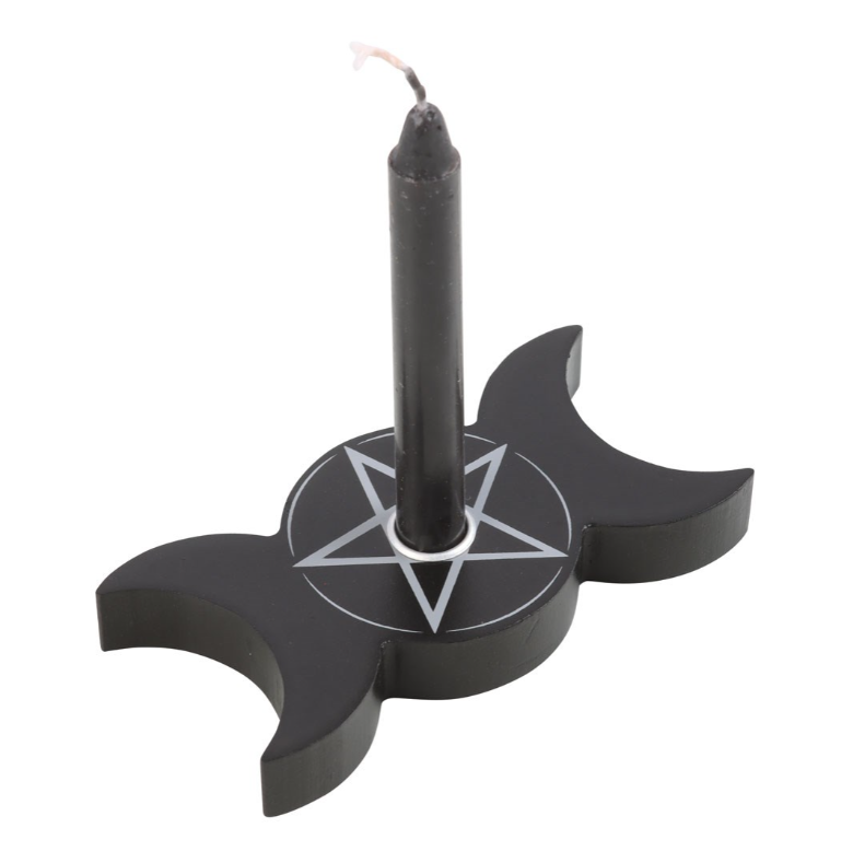 Black triple moon spell candle holder with pentagram engraving holding a black spell candle, by MJ Gothic Gifts