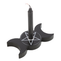 Black triple moon spell candle holder with pentagram engraving holding a black spell candle, by MJ Gothic Gifts